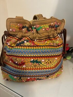 Embroidered Drawstring Bucket Bag in Tan